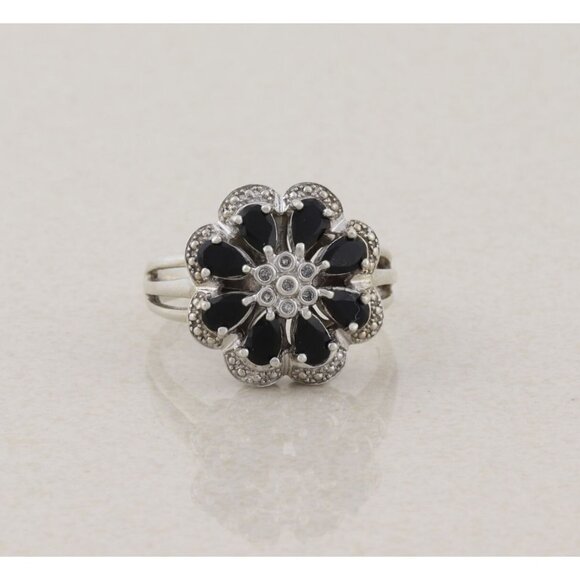 Sterling Silver Blue Cubic Zirconia and Natural Diamond Flower Ring Size 9 1/2 - Picture 1 of 7